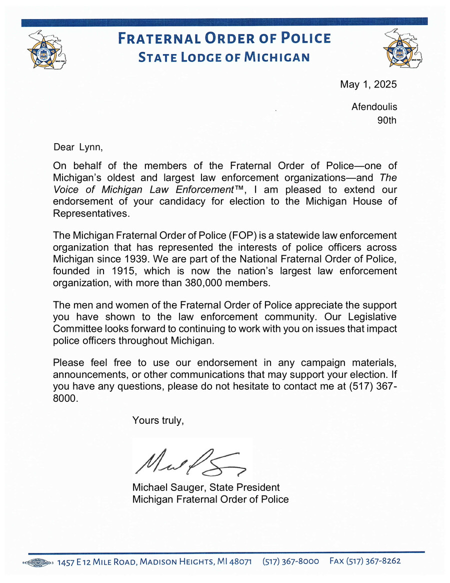Michigan Fraternal Order of Police endorsement letter for Lynn Afendoulis, signed by State President Michael Sauger